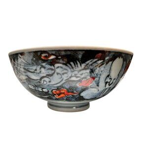 Japanese Rice Bowl 1960s Hand-Painted Porcelain 4.5" Diameter Blue/Red VTG